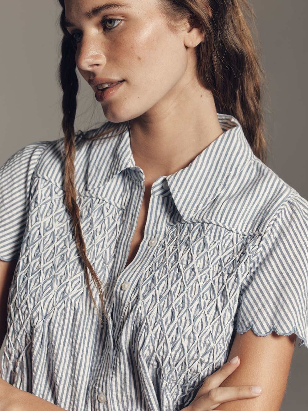 Anthropologie Maeve scalloped swing top blue stripe nwt small - Picture 2 of 10